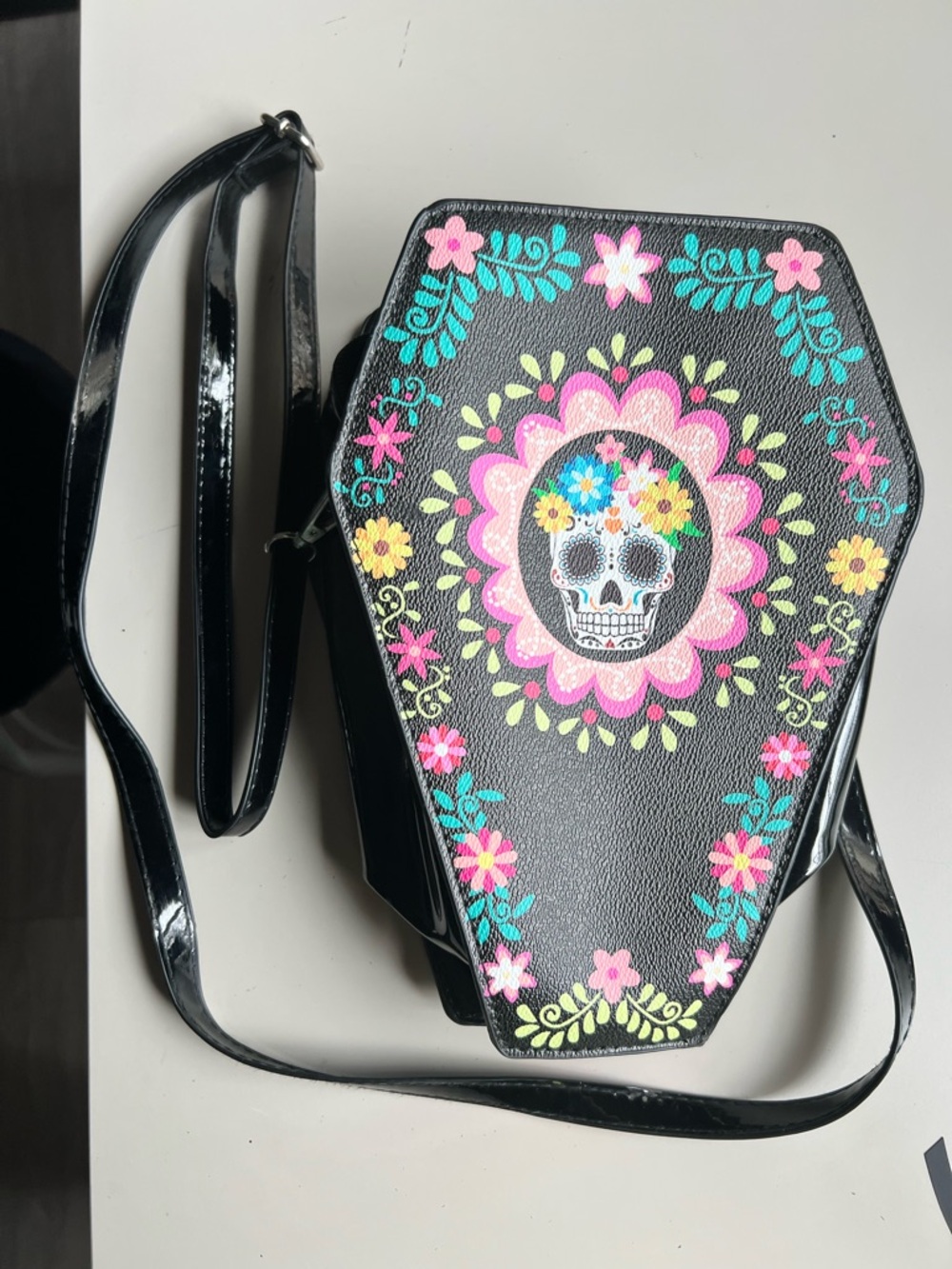 Black Floral Sugar Skull Coffin Crossbody Bag